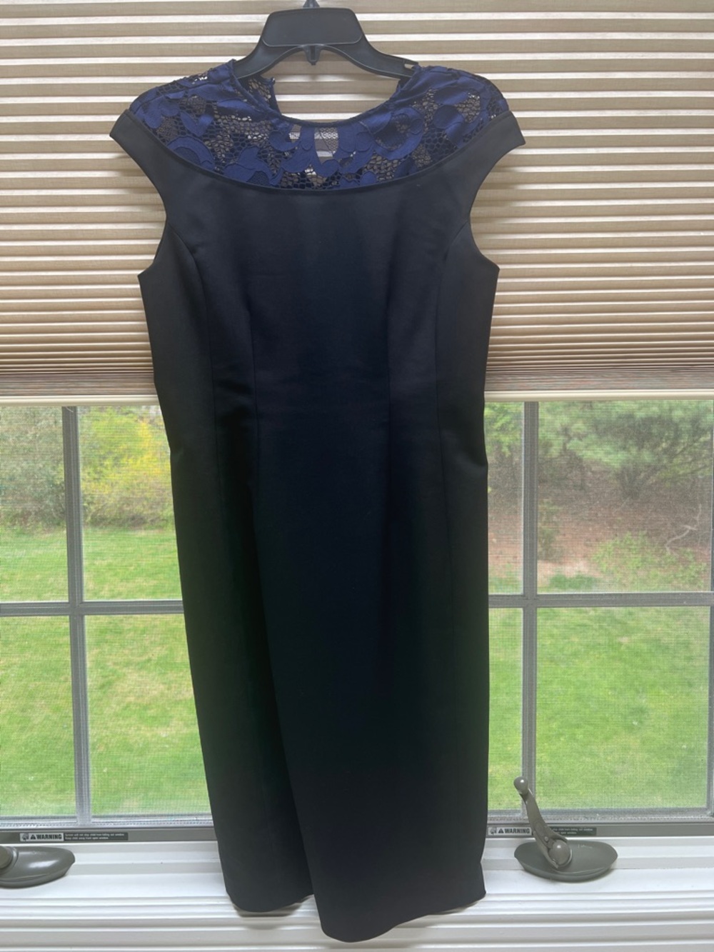 Elegant Black Sheath Dress with Navy Lace